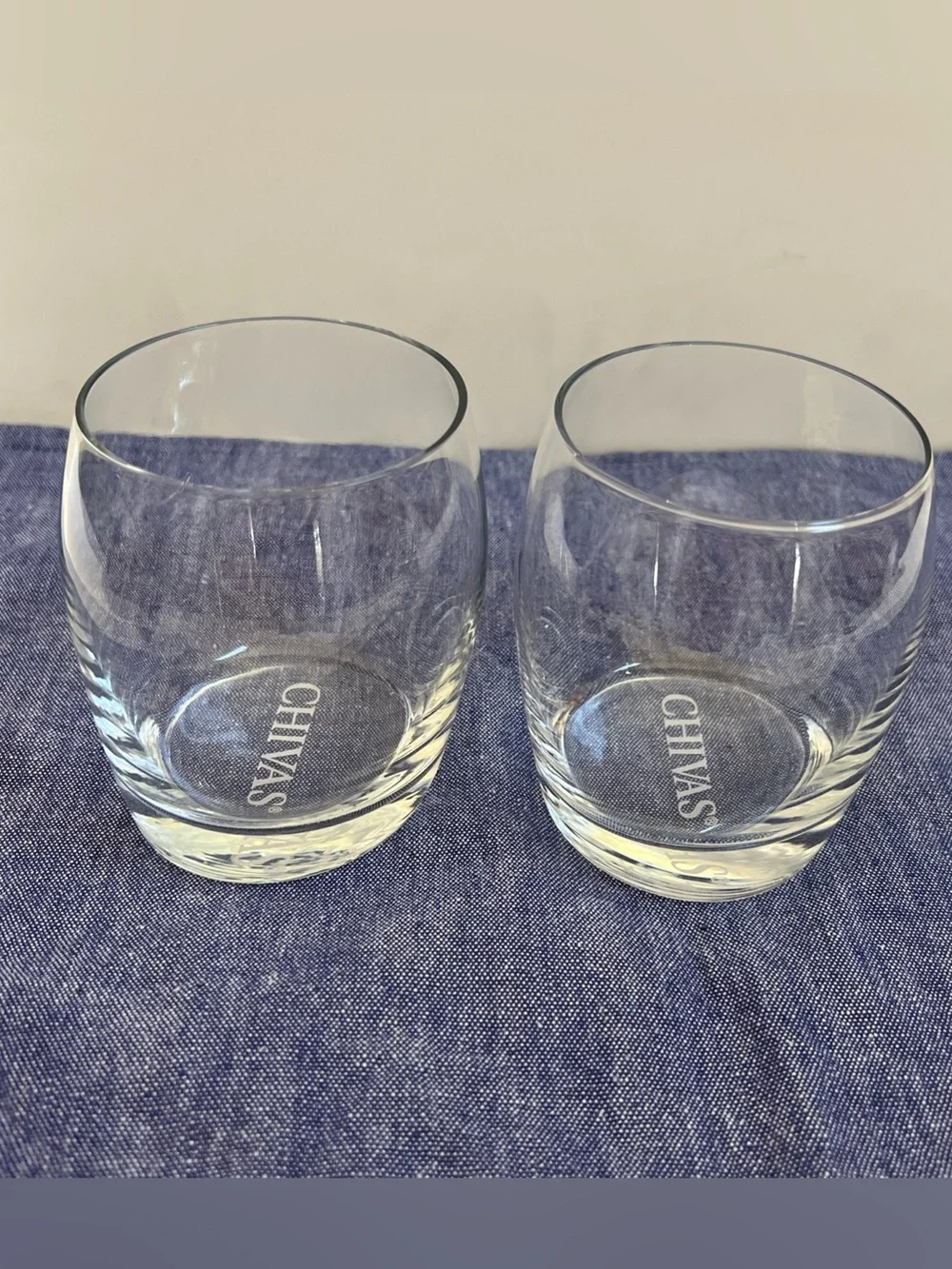 Whiskey Chivas Regal Scotch Set of 2 Rocks Lowball Glasses Slanted Tilted Etched
